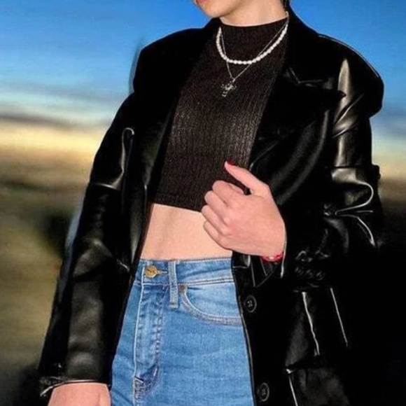 Classic Black Vegan Leather Button Jacket Blazer - Picture 3 of 8